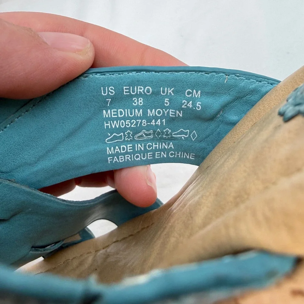 Hush Puppies Womens Teal Blue Textured Leather Cork Wedge Sandals HW05278-441 7